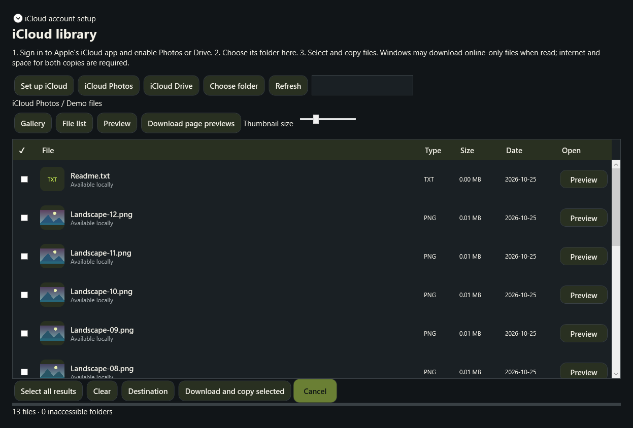 The actual Wasl file list with demo data: type, size, date and a Preview button on each row.
