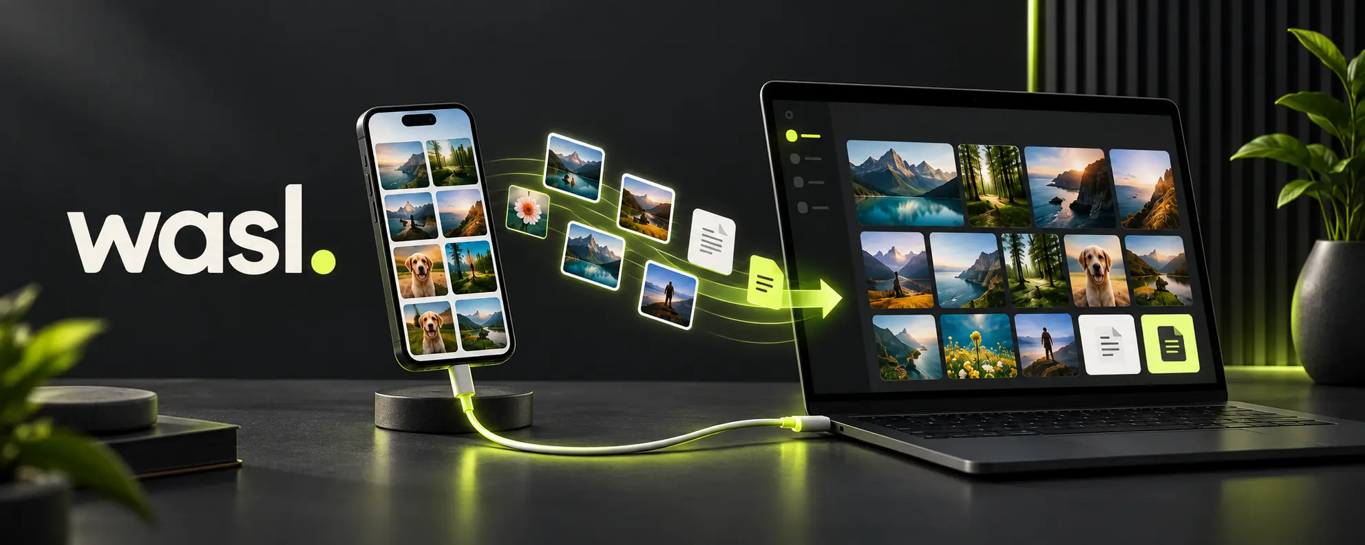 تصميم يوضح نقل صور وملفات الآيفون إلى حاسوب ويندوز بكابل USB